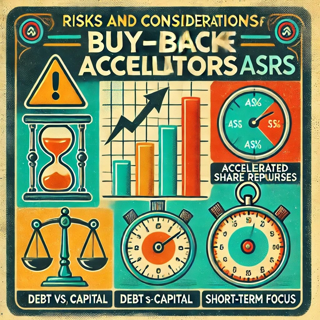 Risks and Considerations of Buy-Back Accelerators concept highlights the potential challenges of Accelerated Share Repurchases (ASRs) illustrates concerns like overvaluation, increased debt, short-term focus, and regulatory scrutiny. This retro-styled visual emphasizes the importance of careful planning and balanced decision-making in implementing ASRs effectively