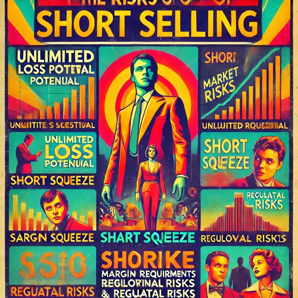 risks of short selling, focusing on Unlimited Loss Potential, Short Squeeze, Margin Requirements, Borrowing Costs, Regulatory Risks, and Market Timing