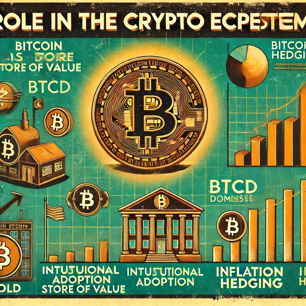 Role in the Crypto Ecosystem showcases Bitcoin's enduring dominance, emphasizing its roles as a store of value, an inflation hedge, and a cornerstone of institutional adoption. Bitcoin's "digital gold" narrative is visually represented alongside metrics like Bitcoin Dominance (BTCD) and depictions of ETFs and corporate investment. The design conveys Bitcoin's significant position within the broader cryptocurrency market.