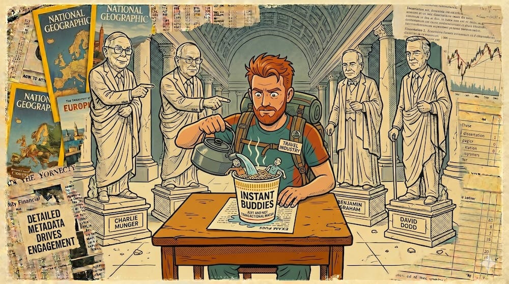 A retro editorial cartoon illustration of a young man with spiked red hair and a short red beard wearing backpacker attire and a "Travel Industry" badge. He sits confidently at a wooden desk, pouring water from a kettle into a cup of instant noodles labeled "Instant Buddies." Surrounding him are ancient statues of investment legends Charlie Munger, Benjamin Graham, and David Dodd pointing in judgment. The background features a vintage collage of National Geographic covers, financial stock charts, and academic papers.