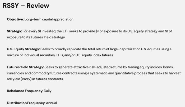 RSSY ETF Review Objective Strategy of US Equity Strategy and Futures Yield Strategy including relabalance, frequency