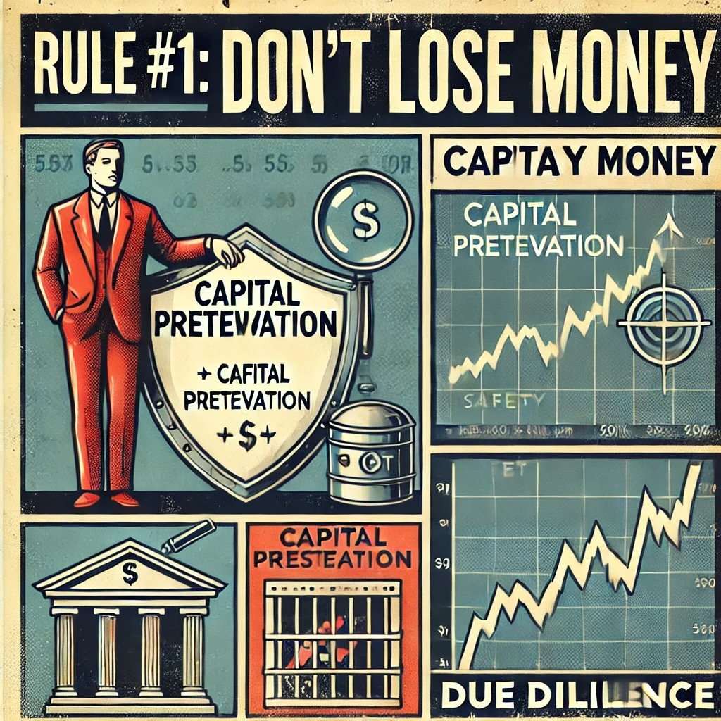 Rule #1 Don’t Lose Money figure holding a shield labeled Capital Preservation next to a stock chart with a highlighted safety margin include a vault for secure investments