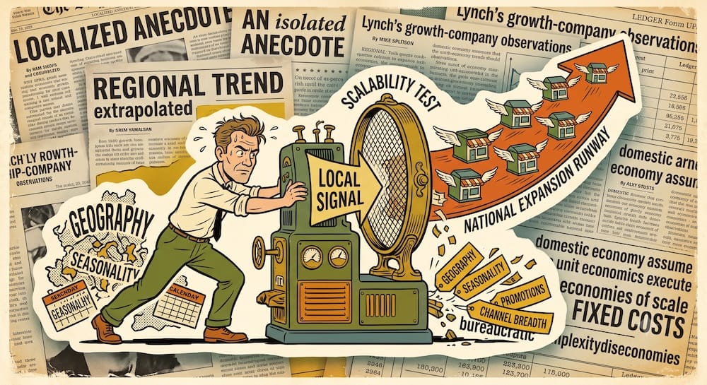 A determined business caricature pushing a large 'LOCAL SIGNAL' sieve, actively sorting business data which transforms into a cluster of small flying storefronts labeled 'SCALABILITY TEST' and takes off along an ascending 'NATIONAL EXPANSION RUNWAY'. Local constraints like 'GEOGRAPHY' and 'SEASONALITY' are represented as stylized obstacles that crumble beneath the man's effort.