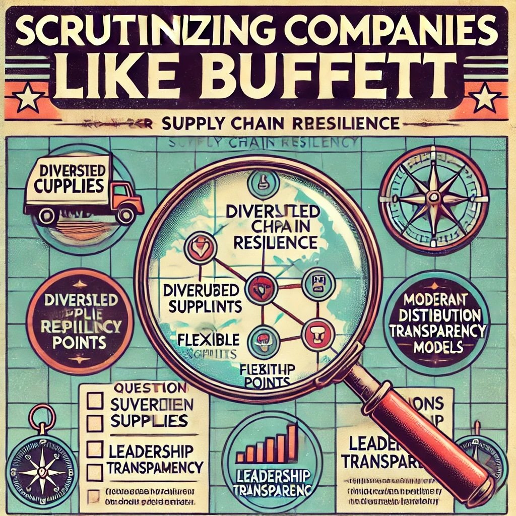 Scrutinizing Companies Like Buffett magnifying glass focusing on a supply chain map with icons represent diversified suppliers, flexible pivot points and modern distribution models