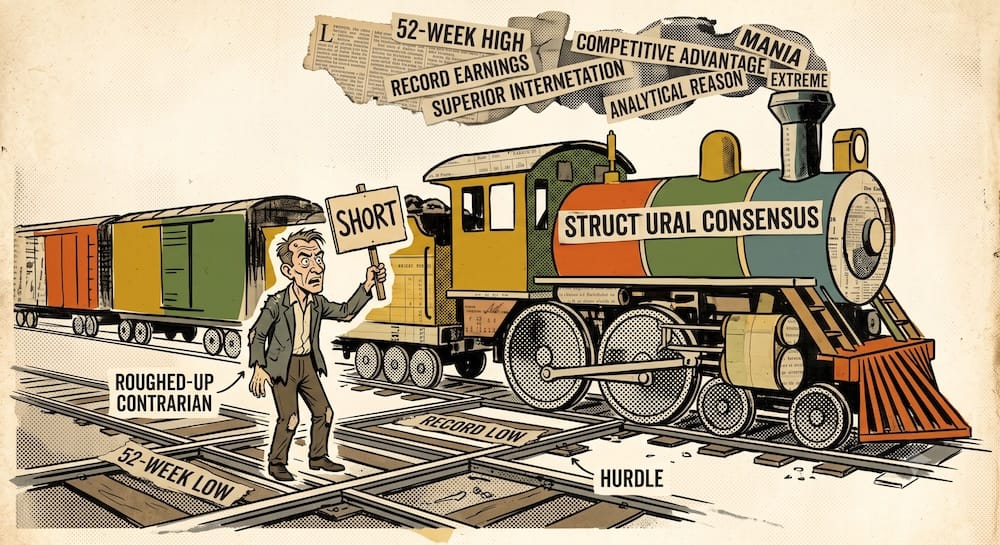 Second-level thinking vs automatic contrarianism. An isolated, stubborn investor holding a 'SHORT' sign stands directly in front of a Monstrous freight train built of collage newspaper text labeled 'STRUCTURAL CONSENSUS'. The train barreling over obsolete 1930s tracks has wheels labeled 'VALUE' and belches steam with 'RECORD EARNINGS', 'COMPETITIVE ADVANTAGE', 'SUPERIOR INTERPRETATION', and 'MANIA'.