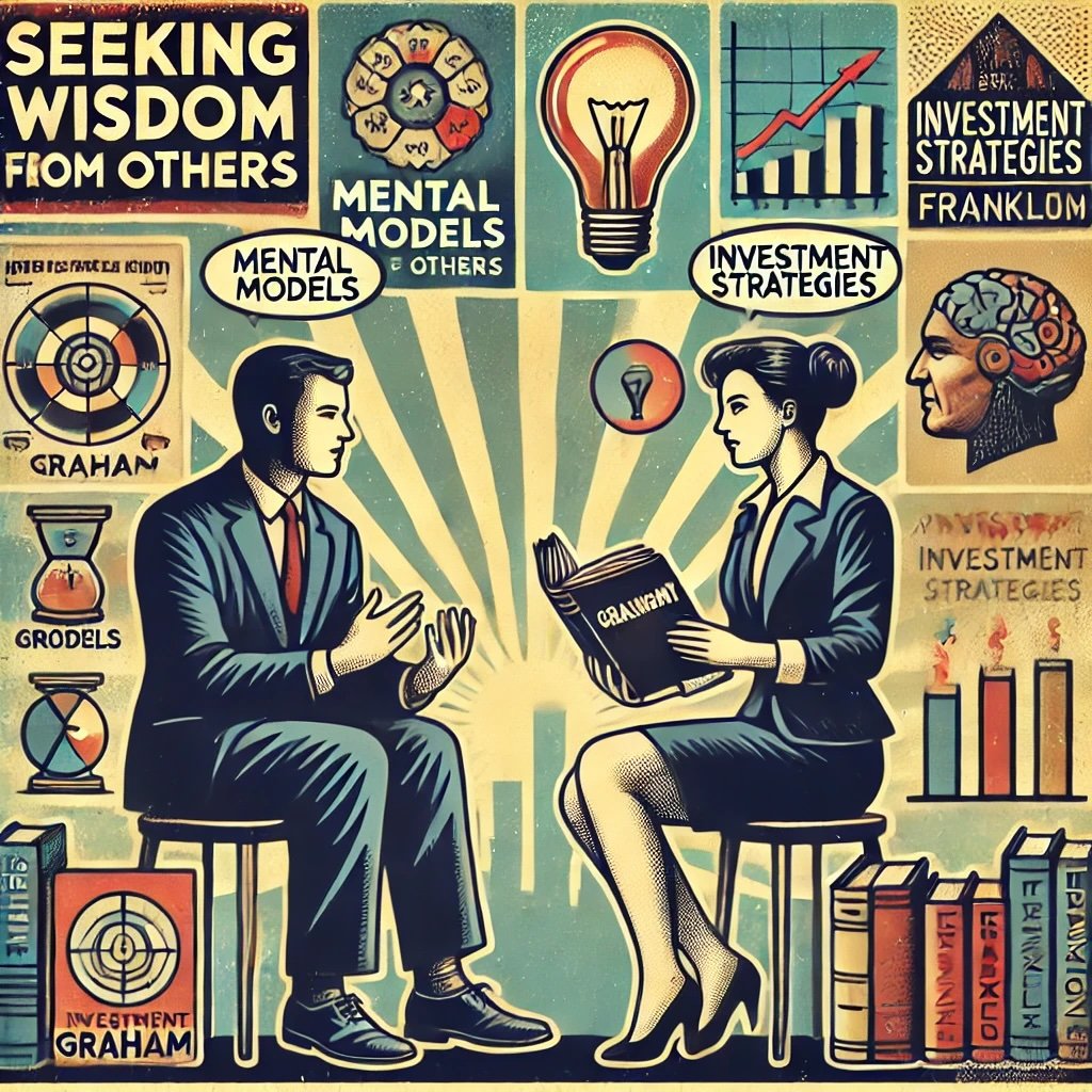 Seeking Wisdom from Others depicts two figures exchanging ideas, one holding a book labeled Mental Models and the other holding a chart marked Investment Strategies