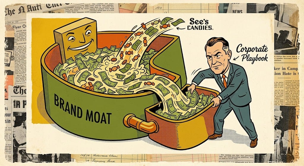 A large, personified subsidiary moat brimming with flowing cash and candies, identified by embedded headlines for See's Candies. An executive caricature labeled Corporate Playbook ruthlessly harvests this immense free cash flow into an unassigned parent reservoir, illustrating the Berkshire playbook mechanism that dismantles the local reinvestment trap.