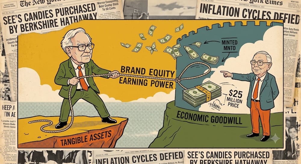 Munger's Nudge Flips the Margin of Safety: Fictional $25 Million See’s Candies Goodwill Mint Diagram Warren Buffett and Charlie Munger stand on a precarious 'TANGIBLE ASSETS' cliff. Together they pull a 'BRAND EQUITY' lasso around a monumental, invisible defensive fortress labelled 'ECONOMIC GOODWILL' that is minting floating banknotes, including '$25 MILLION PRICE'.