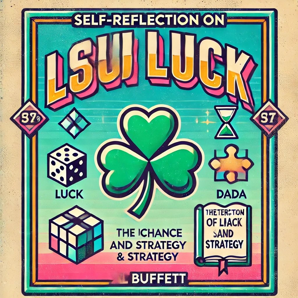 Self-Reflection on Luck featuring icons like a four-leaf clover for luck puzzle piece for the intersection of chance and strategy emphasizing Buffett's balance of luck, skill and humility