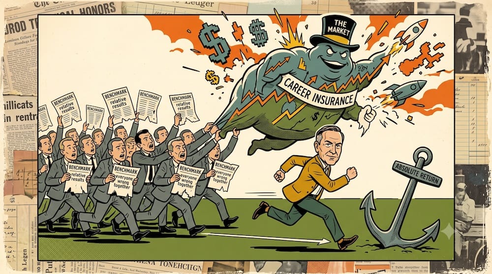 Benchmark Conformity as Career Insurance: Klarman on Resisting Relative Performance Pressure An investment manager caricature sprints away from a manic crowd and towards a solid anchor in this conceptual image. The crowd, labeled 'Relative-Return Managers,' chases a monstrous 'Market' figure labeled 'CAREER INSURANCE,' clinging to pages reading 'everyone wrong together.' The runner, representing Seth Klarman's absolute-return framework, heads for the 'ABSOLUTE RETURN' anchor, prioritizing intrinsic value over benchmark proximity. This illustrates the fundamental conflict between professional safety through conformity and the structural discipline required for genuine capital preservation.