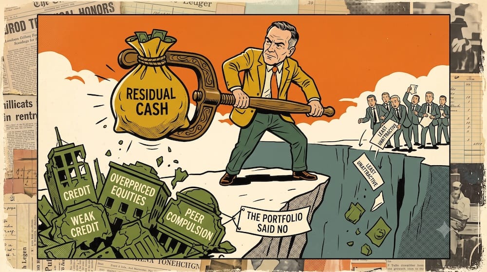 Klarman’s Rule: Cash is Residual Rejection, Not a Target Percentage An intense looking investor stands on a cliff using a massive wooden clamp to compress a personified sack labeled RESIDUAL CASH. Below him, rejected investment ideas like ‘WEAK CREDIT’ and ‘OVERPRICED EQUITIES’ fall into a pile labeled ‘THE PORTFOLIO SAID NO.’ Across a chasm, other people are pushed towards a conveyor of bad options. The image visualizes how absolute-return cash is just what’s left over when the standard isn’t met.