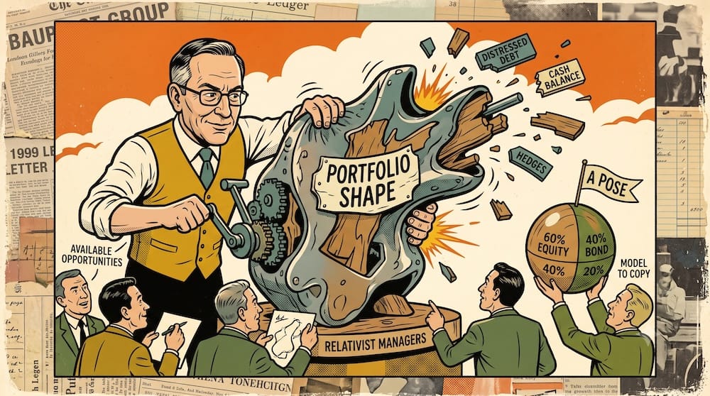 Klarman on Portfolio Allocation: Shape is Aftermath, Not Strategy A conceptual illustration where the investor Seth Klarman, with spectacles and an intense expression, physically molds a bizarre, amorphous sculpture labeled 'PORTFOLIO SHAPE.' Using gears and levers labeled 'AVAILABLE OPPORTUNITIES,' he exerts force, causing parts labeled 'DISTRESSED DEBT,' 'CASH BALANCE,' and 'HEDGES' to eject as debris. Relativist managers watch from below, trying to sketch Klarman’s process or cling to a static sphere representing a 'MODEL TO COPY' with generic percentages. The background includes collage elements referring to his 1999 letter and distressed investing. This scene illustrates that portfolio structure is an irregular outcome of investment opportunities, not a permanent model to be copied.