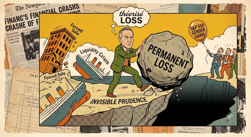 Cartoon illustration of Seth Klarman pushing a massive boulder labeled 'PERMANENT LOSS' down a cliff. His thought bubble shows 'THEORISÉ LOSS'. Next to him, a group of men floats up holding a balloon marked 'S&P 500 GENDER GAINS'. This visually contrasts the deliberate act of avoiding unrecoverable capital loss with the anxiety of missing market rallies, reflecting Klarman's classic investment philosophy.
