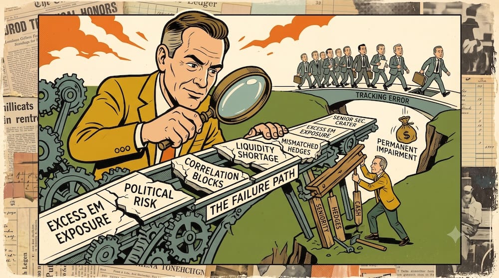 Analyzing the Failure Path: Seth Klarman on Real Portfolio Risk Management vs. Tracking Error An attentive analyst in a mustard jacket uses a large magnifying glass to inspect a complex mechanical bridge labeled THE FAILURE PATH, where components like ‘Political Risk,’ ‘Liquidity Shortage,’ and ‘Correlated Blocks’ are cracking. He uses tools like ‘Cash’ and ‘Hedges’ as braces. In the background, other investors happily walk across a smooth, simple 'Tracking Error' bridge towards 'Permanent Impairment.' This illustrates that real risk isn't how much you differ from an index, but understanding exactly how your specific portfolio construction can fail.