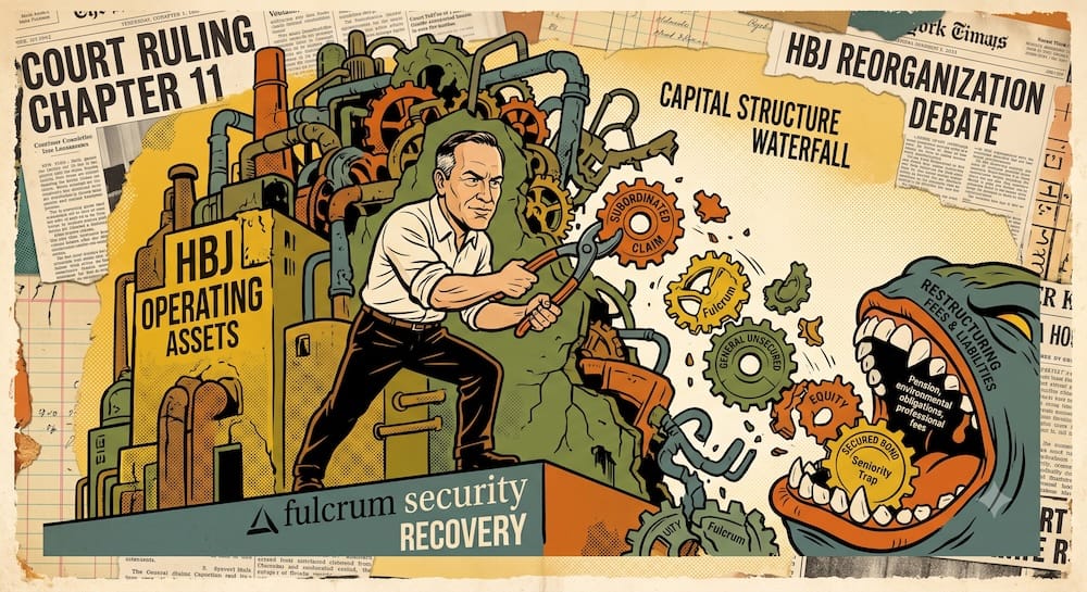 Klarman Fulcrum Claim Analysis: Validating Harcourt Brace Jovanovich (HBJ) Recovery Potential Seth Klarman value investing mechanism: Klarman caricature analyzes a complex Harcourt Brace Jovanovich (HBJ) capital structure. He extracts a 'SUBORDINATED DEBT CLAIM' while ignoring tumbling 'EQUITY' and 'GENERAL UNSECURED' gears. Behind him, a monster labeled 'RESTRUCTURING FEES' devours other off-balance-sheet liabilities like pensions.