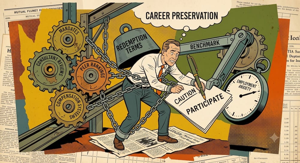 Career risk in fund management: A stressed portfolio manager is chained to gears labeled peer rankings and mandates. Weighing him down is a redemption terms weight, while a benchmark arm forces him to sign participate over caution.
