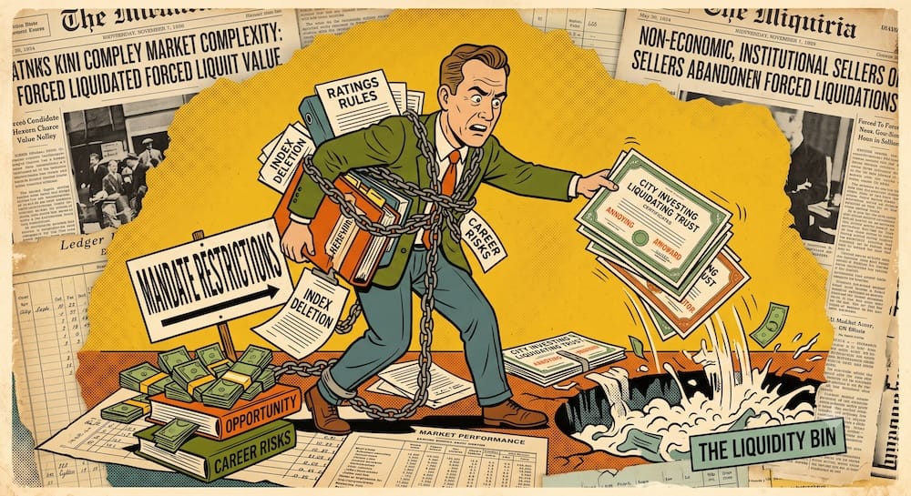 Non-Economic Forced Selling Mechanism Visualized Klarman forced seller concept visualized: a frantic institutional manager, entangled in binders labeled 'REDEMPTIONS' and 'RATINGS RULES', violently tosses valuable stock certificates marked 'ANNOYING ASSETS' into a dark liquidity pit.