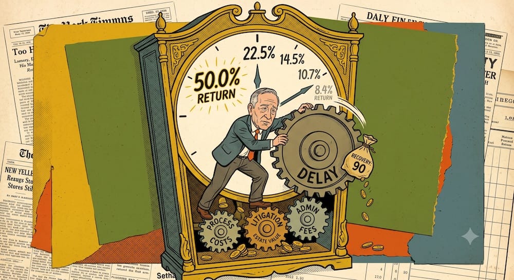 Klarman Special Situations: Time-Induced Erosion of Investment Returns Seth Klarman caricature inside a giant clock mechanism fighting to move a heavy 'DELAY' gear. The clock face shows the 'ANNUALIZED RETURN' dropping from '50.0%' to '8.4%' over time. Smaller gears 'PROCESS COSTS' and 'LITIGATION' grind below, visually representing how duration and expenses erode recovery value in distressed investing.
