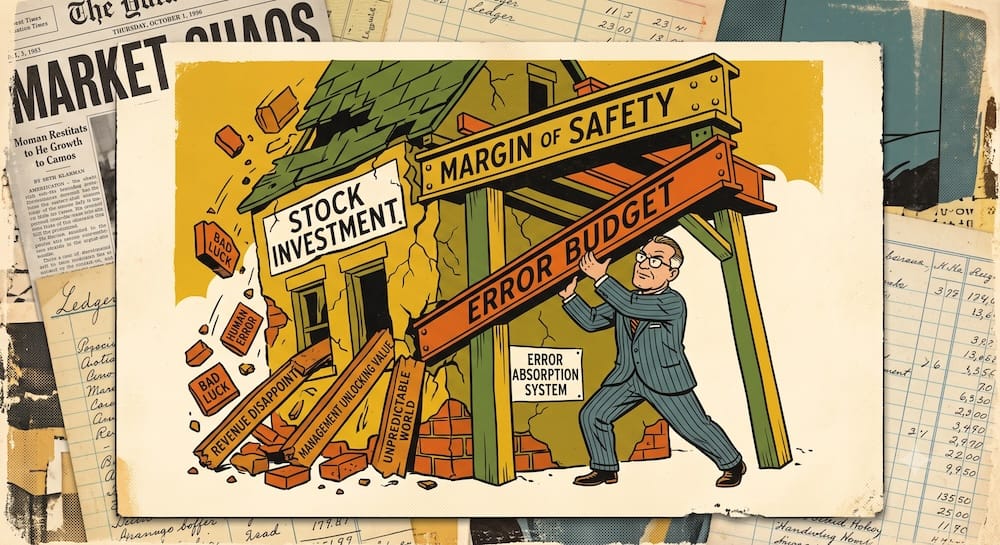 Seth Klarman Margin of Safety as an Investment Error Budget Seth Klarman margin of safety concept visualized as an error budget. An investor uses steel beams marked MARGIN OF SAFETY and ERROR BUDGET to reinforce a crumbling house labeled STOCK INVESTMENT, absorbing debris like BAD LUCK and HUMAN ERROR.