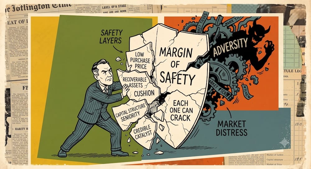 Seth Klarman Margin of Safety as Collapsing Layers Seth Klarman margin of safety concept visualized as a collapsing, multi-layered shield being reinforced by a determined investor. Individual layers labeled 'LOW PURCHASE PRICE' and 'CAPITAL STRUCTURE SENIORITY' show cracks as 'ADVERSITY' and 'MARKET DISTRESS' smash through, demonstrating that each protection point can fail.
