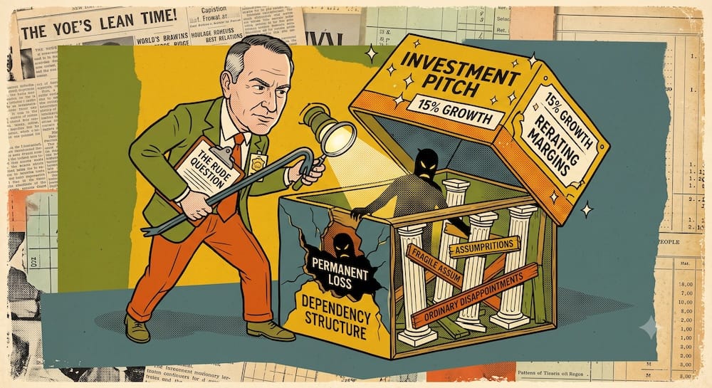 Seth Klarman Downside Analysis for Capital Preservation Seth Klarman downside analysis concept: an investor caricature using a flashlight to inspect a fragile wooden framework supporting a house of cards labeled "INVESTMENT PITCH" and "PERMANENT LOSS," representing the dependency structure of risk.