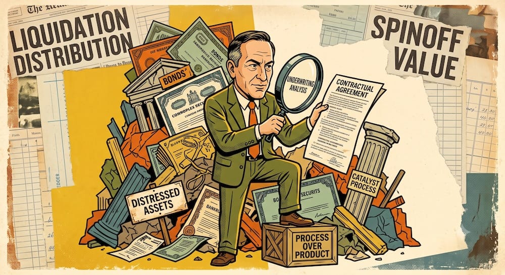 Klarman's Special Situation Process: Analyzing Distressed Assets via Contractual Claims Seth Klarman value investing: Klarman caricature uses a magnifying glass titled 'UNDERWRITING ANALYSIS' to examine a 'CONTRACTUAL AGREEMENT.' He is surrounded by distressed assets, liquidations, and spinoffs, emphasizing process over the product's appearance of cheapness.