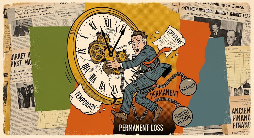 Volatility Becomes Permanent Loss When Volatility Takes Away Choices Seth Klarman distinction between volatility and permanent loss visualized: An investor caricature is crushed by a collapsing clock and heavy weights labeled 'VOLATILITY' and 'FORCED ACTION', representing temporary fluctuation converted into lasting capital impairment.