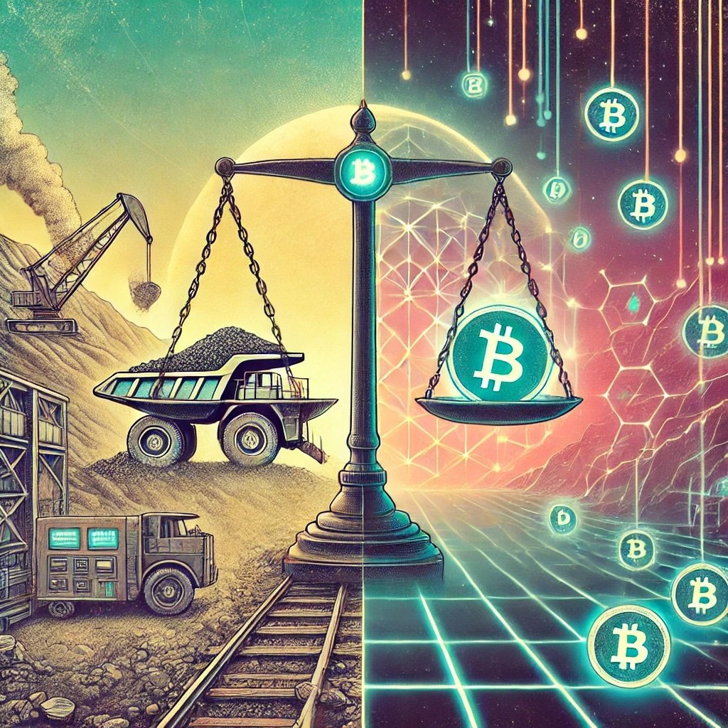 showcasing the transition from Proof-of-Work (PoW) to Proof-of-Stake (PoS) left side represents the industrial intensity of PoW mining right side illustrates the futuristic and energy-efficient elegance of PoS staking. The glowing balance scale in the center highlights the contrast and trade-offs between these blockchain consensus mechanisms.