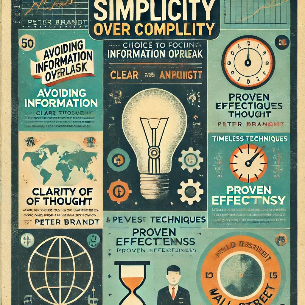 Simplicity Over Complexity illustrating Peter Brandt's focus on avoiding information overload and utilizing timeless techniques