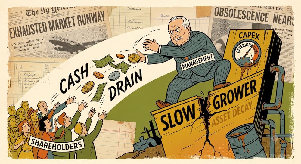 Peter Lynch’s Slow Grower Category & The Analytical Danger of Yield Masking Deferred Maintenance An executive caricature labeled 'MANAGEMENT' on a collapsing 'SLOW GROWER' structure labeled 'ASSET DECAY.' He throws oversized coins, creating a 'CASH DRAIN,' while ignoring a decaying 'CAPEX' gauge and obsolete background metrics.