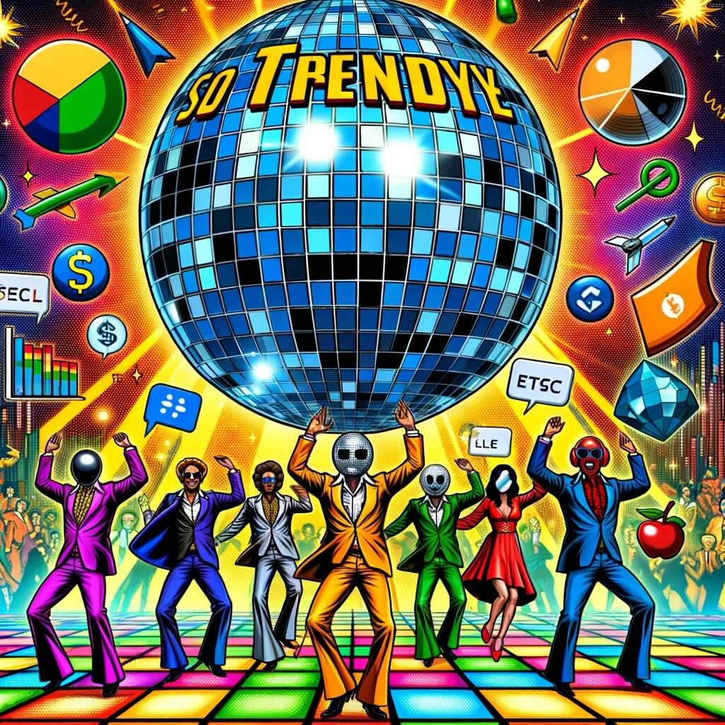 So Trendy Portfolio" image, set in a disco scene that humorously reflects a portfolio always aligned with the latest market trends. This vibrant and colorful scene features cartoonish investors in exaggerated '70s disco attire, dancing under a disco ball adorned with trendy investment symbols, all captured in the lively manner.