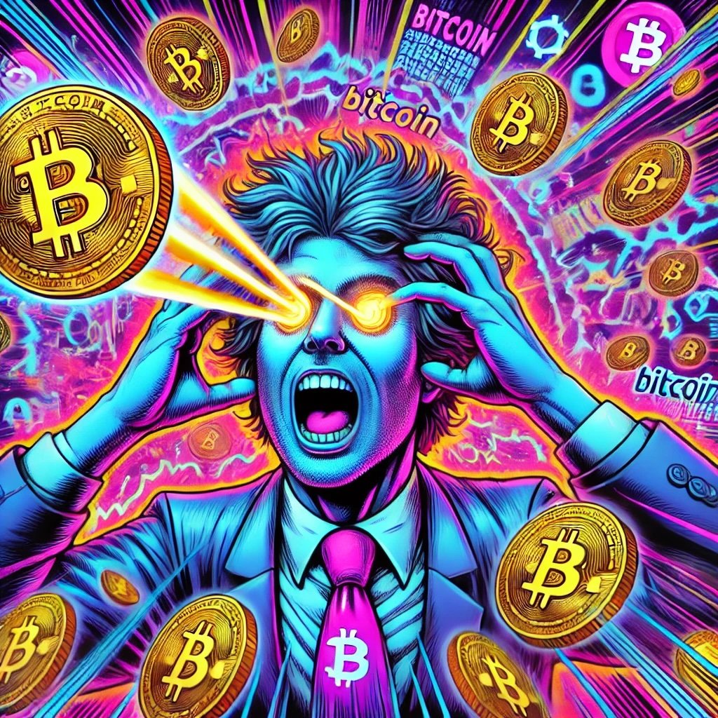 Someone obsessively fixated on bitcoin with laser eyes and a chaotic neon filled scene 