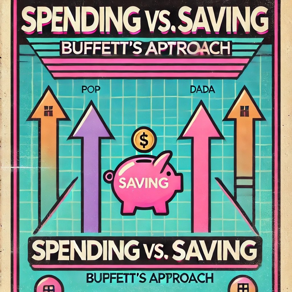 Spending vs. Saving Buffett’s Approach featuring symbols like piggy bank highlights value of frugality and wise financial management for achieving independence peace of mind