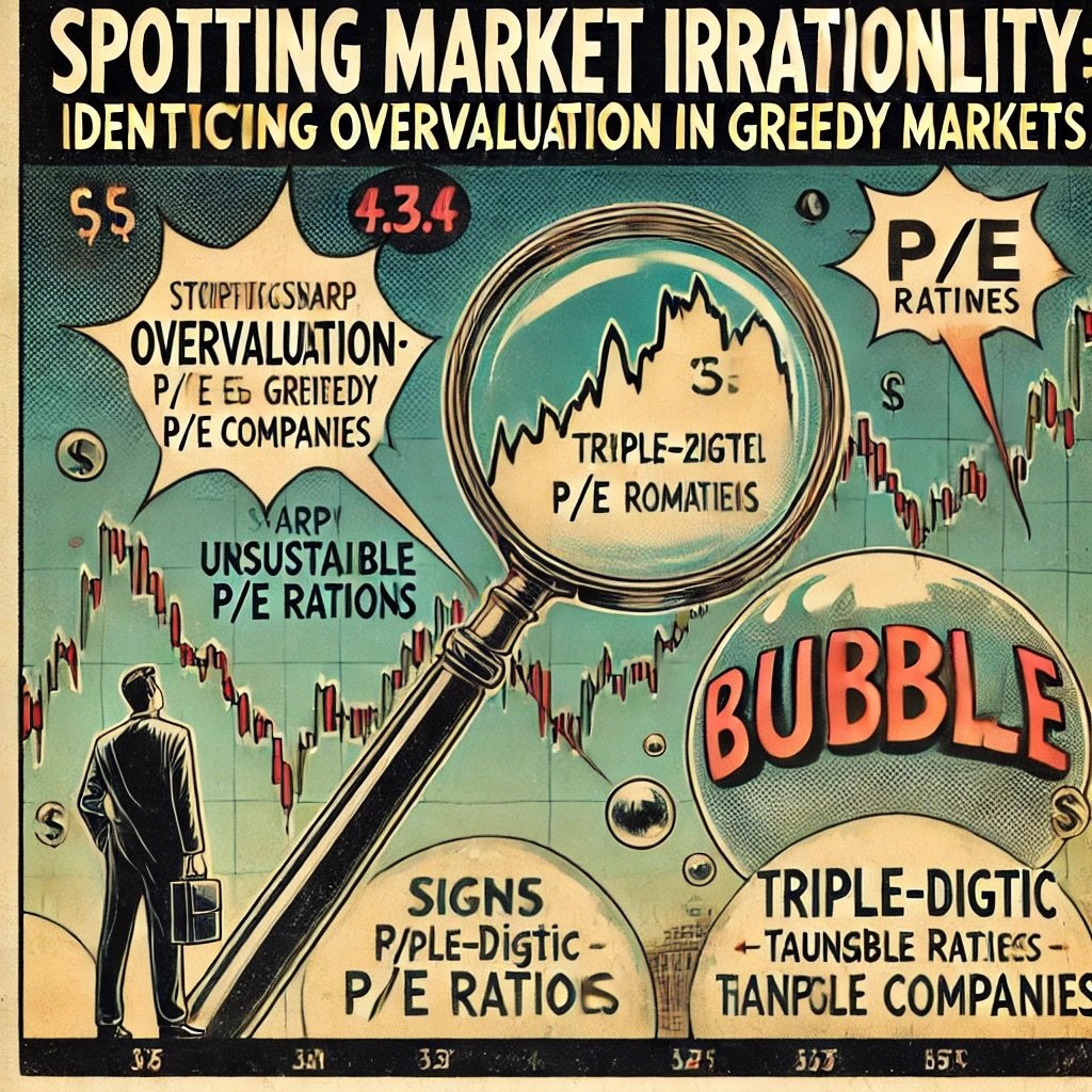 Spotting Market Irrationality Identifying Overvaluation in Greedy Markets stock chart showing unsustainable spikes and a magnifying glass highlighting triple-digit P/E ratios 