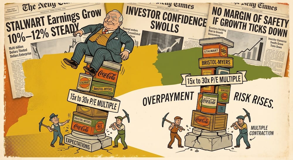 Peter Lynch's Stalwart Category: The Mechanical Danger of Overpaying for Steady Compounders The valuation trap of Stalwart stocks, showing a smug, overweight 'Consensus Investor' figure balancing precariously on a teetering column of multi-billion dollar product tins, including Coca-Cola and Bristol-Myers, labeled '15x to 30x P/E Multiple.'