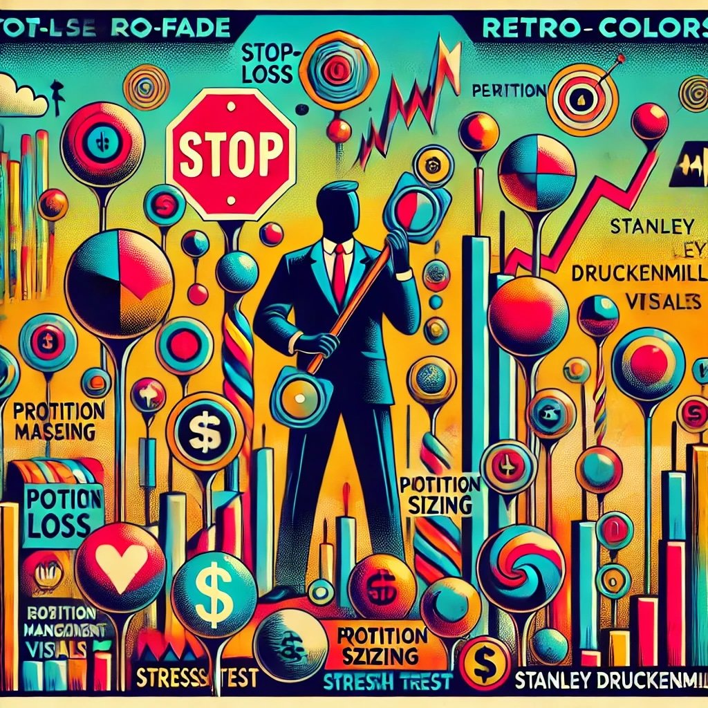 Stanley Druckenmiller's risk management techniques of stop-loss markers, position sizing visuals, and vibrant depictions of diversification and hedging