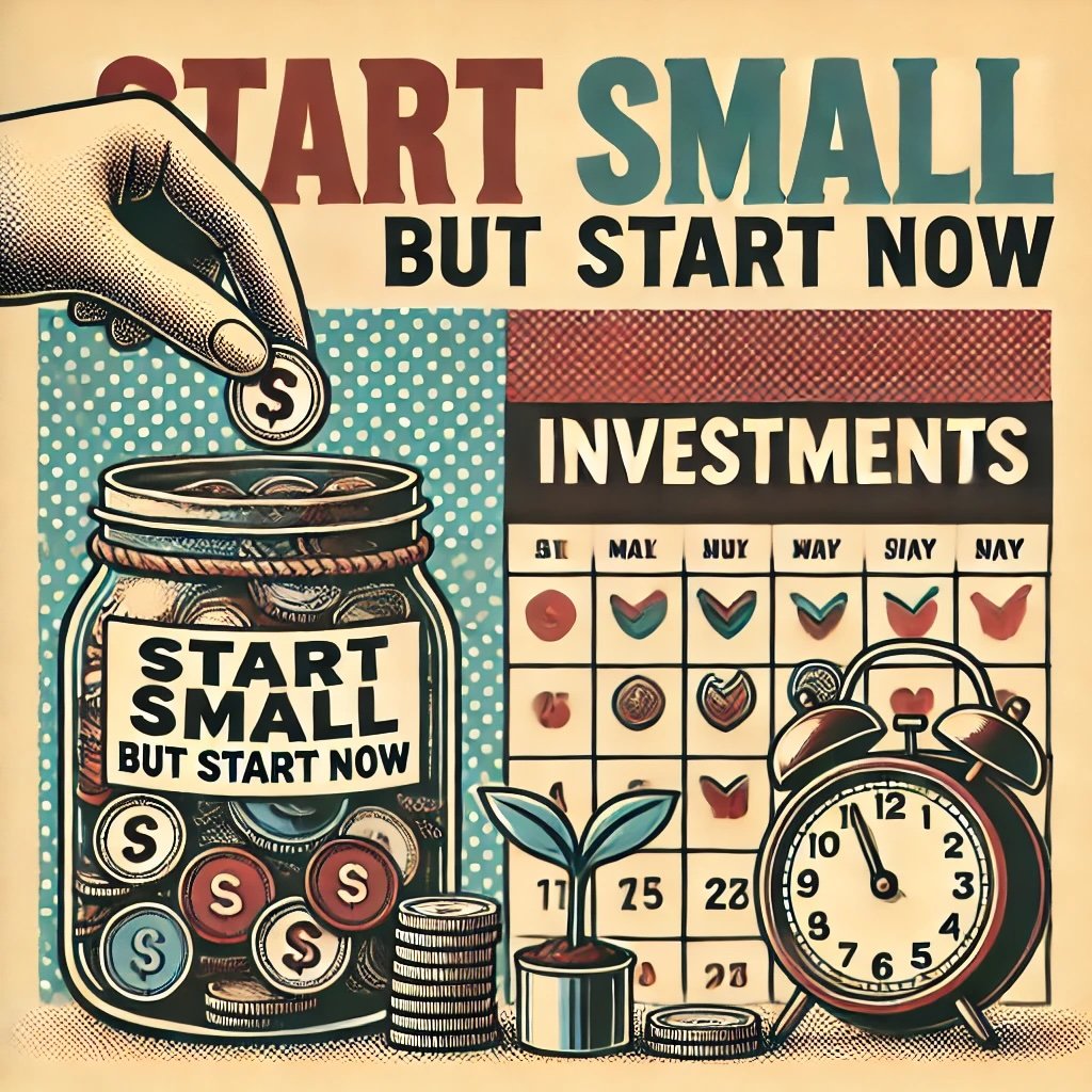 Start Small but Start Now features a jar labeled Investments with coins being dropped in, accompanied by a calendar symbolizing consistent contributions