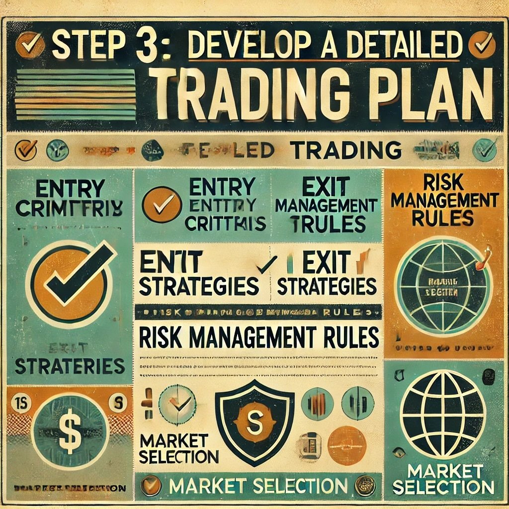 Step 3 Develop a Detailed Trading Plan outlining key components like entry criteria, exit strategies, risk management rules, and market selection