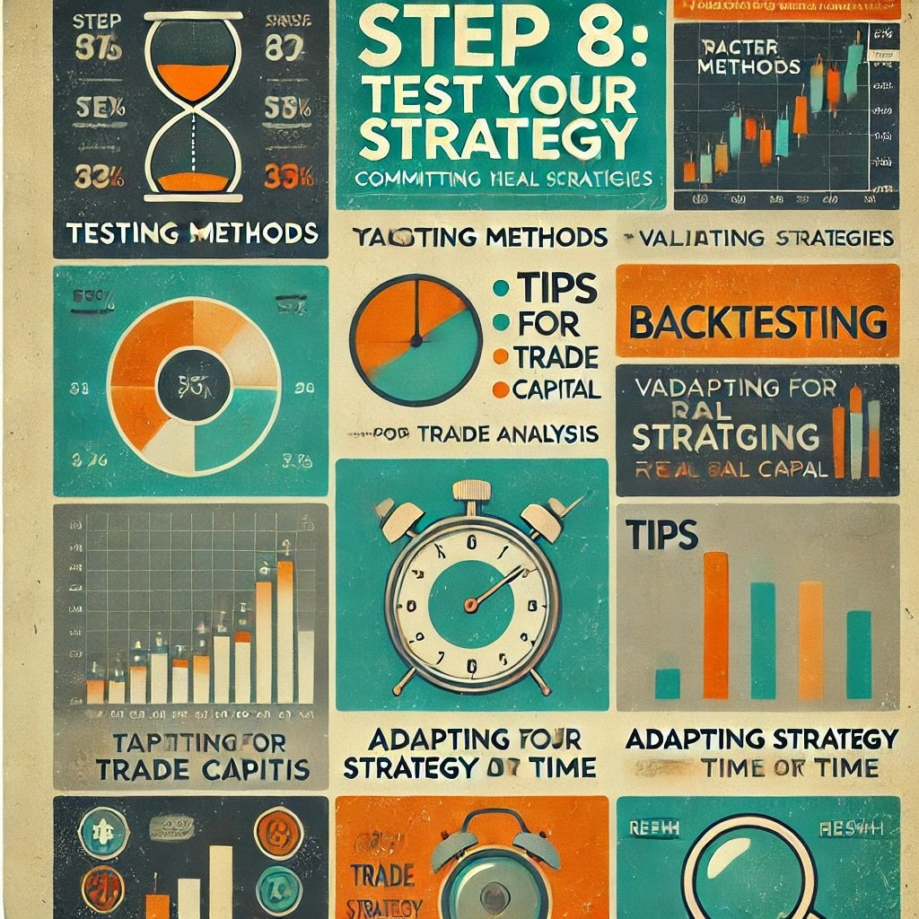 Step 8 Test Your Strategy covering methods like paper trading and backtesting, trade analysis tips, and adapting strategies over time