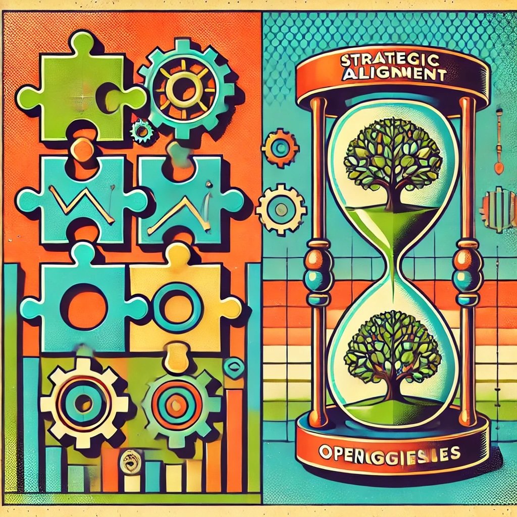 strategic alignment through fitting puzzle pieces, operational synergies interconnected gears, and long-term growth represented by hourglass with flourishing trees