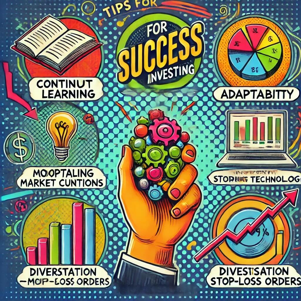 success in investing. The image incorporates elements of continuous learning, adaptability, and risk management