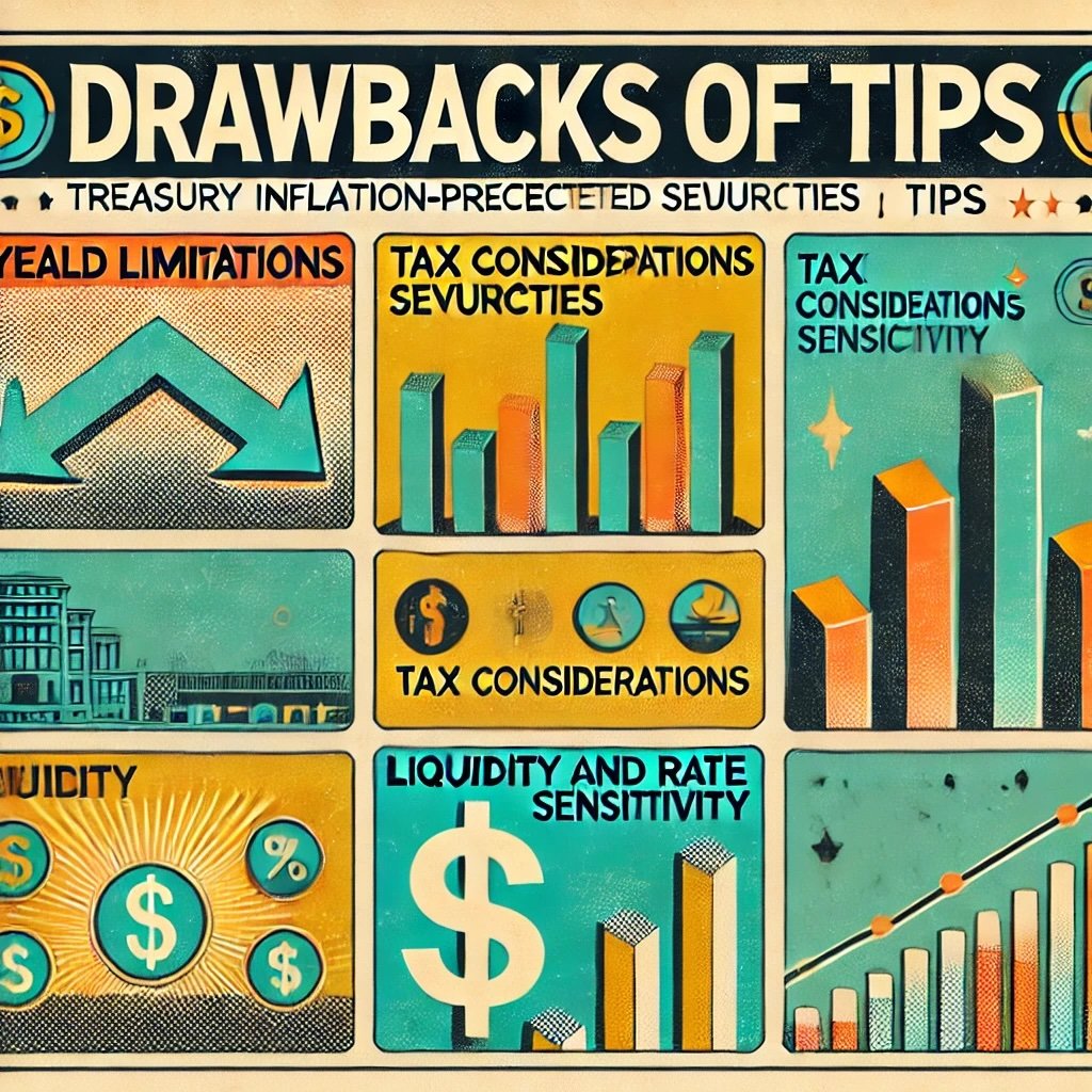 summarizing the key drawbacks of Treasury Inflation-Protected Securities (TIPS), incorporating each aspect of yield limitations, tax considerations, and liquidity and rate sensitivity