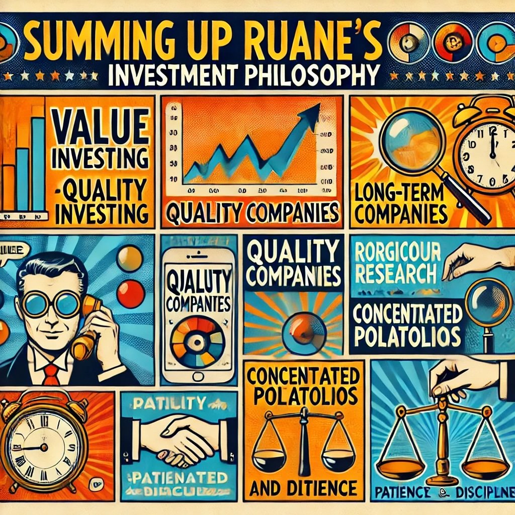 Summing Up Ruane's Investment Philosophy highlighting key concepts like value investing, quality companies, long-term horizon, and patience