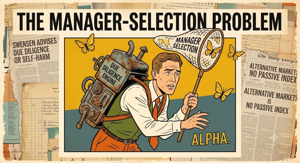 El Problema de la Selección de Managers en Activos Alternativos Un inversor agobiado cargando un motor de due diligence en la espalda mientras intenta cazar mariposas de alfa con una red de selección de managers.