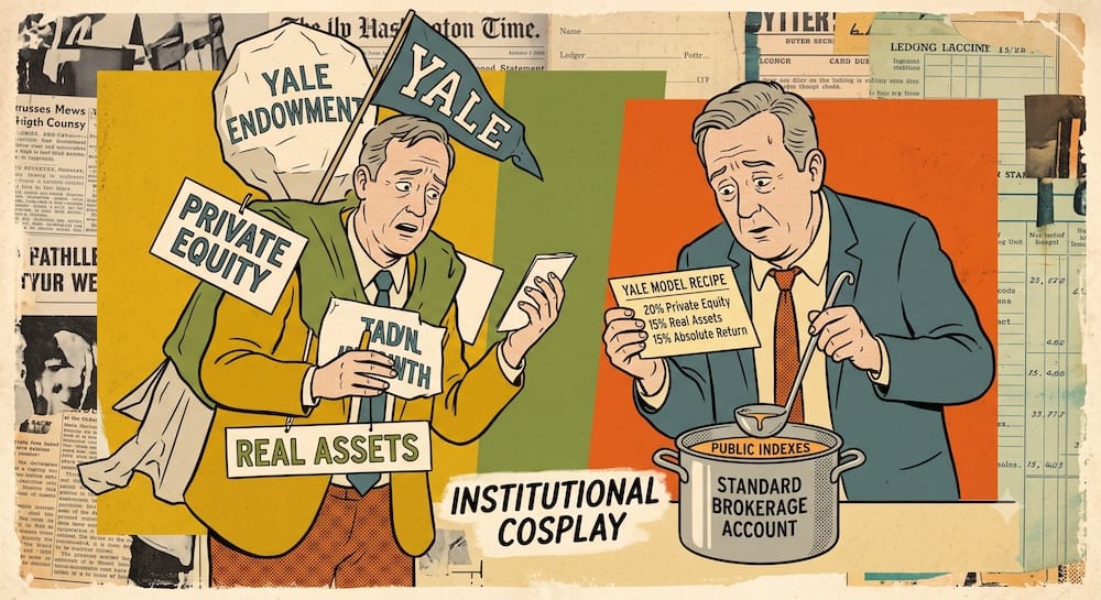 Un inversor angustiado con banderas de YALE y rocas gigantes rotuladas como PRIVATE EQUITY y REAL ASSETS, mientras otro tipo empuja a la fuerza una tarjeta de receta doblada de PE de elite en la ranura de monedas de una cuenta de inversión estándar.