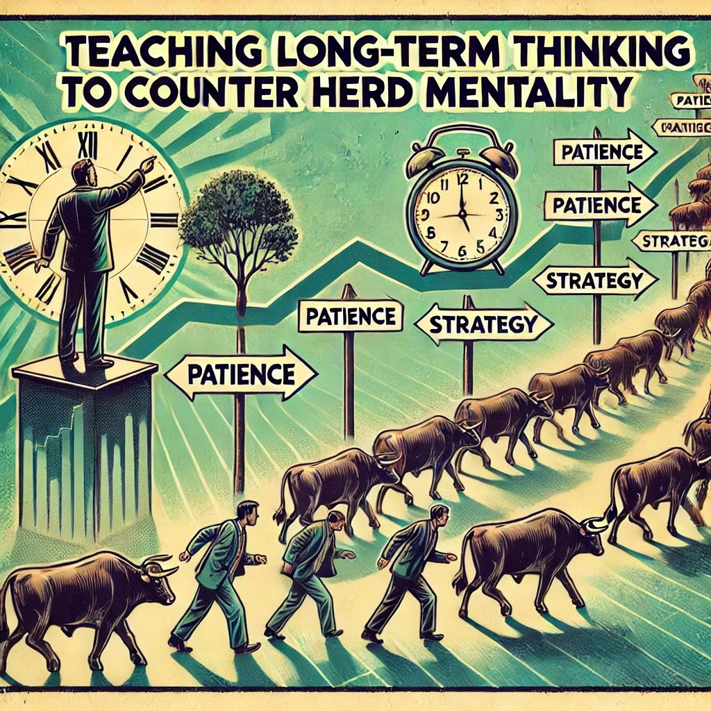 Teaching Long-Term Thinking to Counter Herd Mentality figure podium pointing to decades-long timeline, guiding investors away from a reactive herd toward thoughtful paths