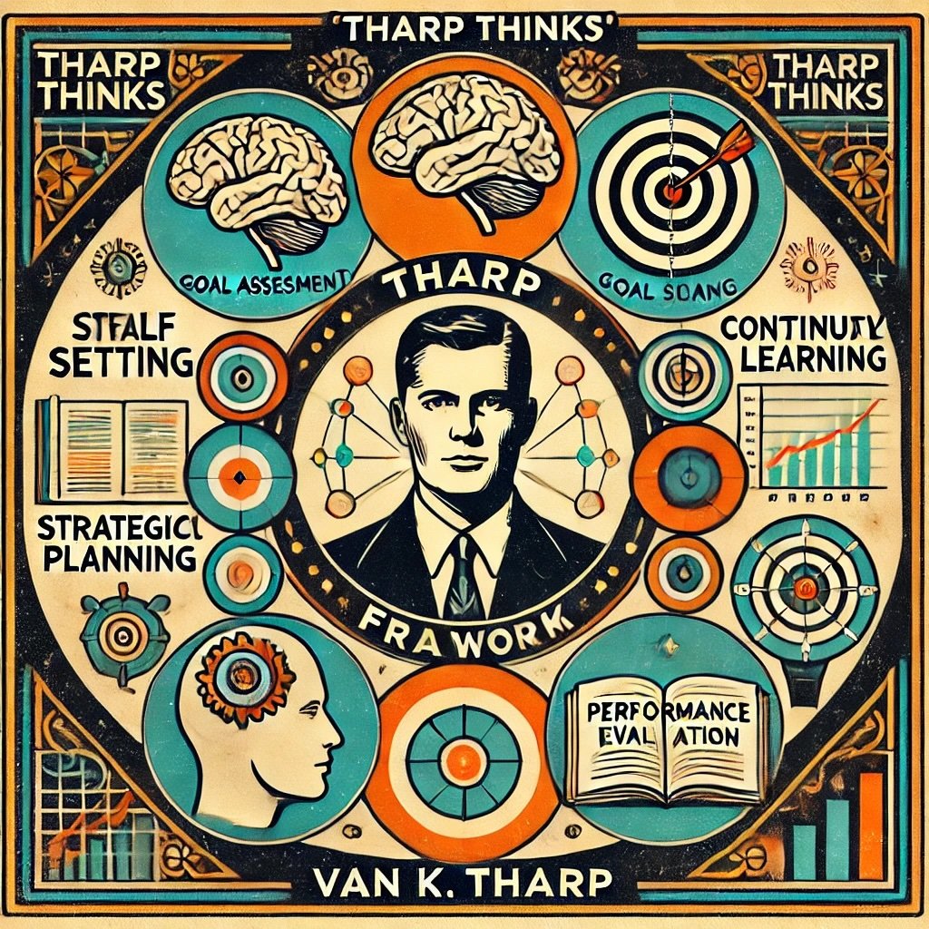 Tharp Thinks" framework by Van K. Tharp, highlighting key components like self-assessment, goal setting, strategic planning, continuous learning, and performance evaluation