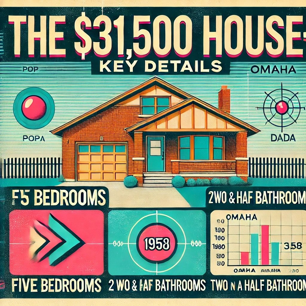 The $31,500 House: Key Details depiction of a 1950s-style brick home, complete with a front porch highlighting the house’s features and its historical significance from 1958