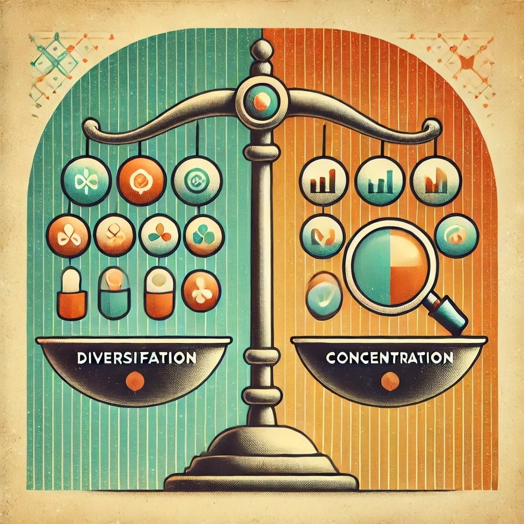 the balance between diversification and concentration in managing investment risk, captured with a vintage vibe and muted colors