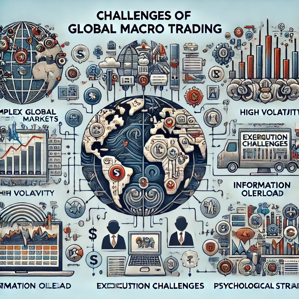 the challenges faced in global macro trading. Each challenge is depicted with corresponding icons and symbols convey the information effectively.